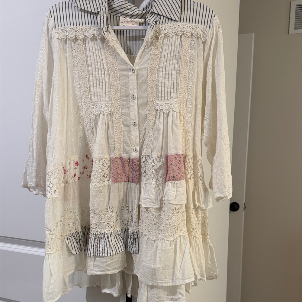 Paper Lace Bohemian Lace Patchwork Blouse - Cream and Pink